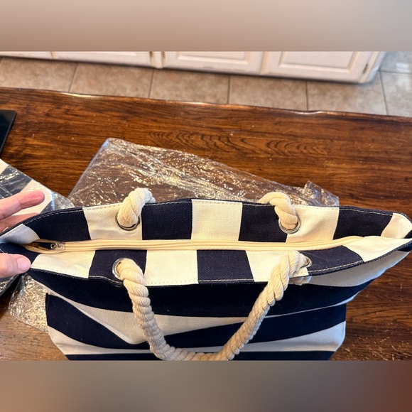 NWOT Navy White Striped Tote Bag Blank for Monogram Preppy Canvas Beach Bag - Picture 6 of 8